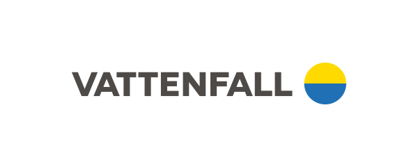 Text that reads vattenfall followed by a colored circle. The top half of the circle is yellow, the bottom half is blue.