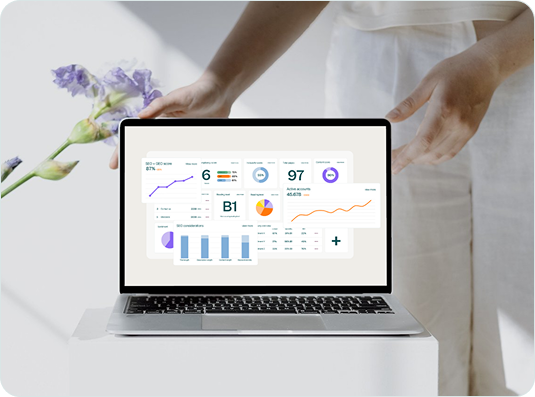 Textmetrics content quality dashboard displayed on a laptop, showing insights into SEO, readability, compliance, and inclusivity.