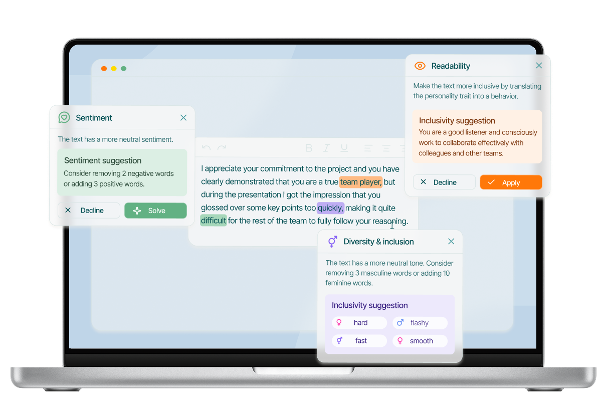Textmetrics Editor showing real-time suggestions for readability, sentiment, and inclusive language while writing