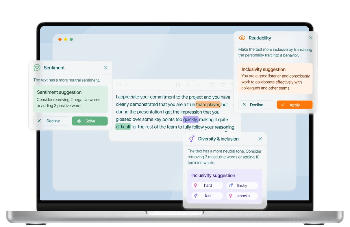 De Textmetrics Editor laat real-time suggesties zien voor leesbaarheid, sentiment, en inclusieve taal, allemaal terwijl je schrijft