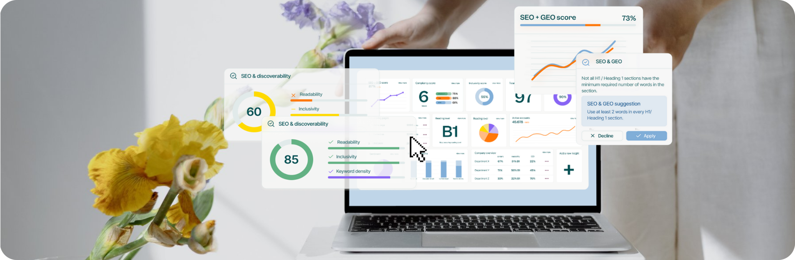 Textmetrics dashboard showing content quality, SEO and GEO insights on a laptop