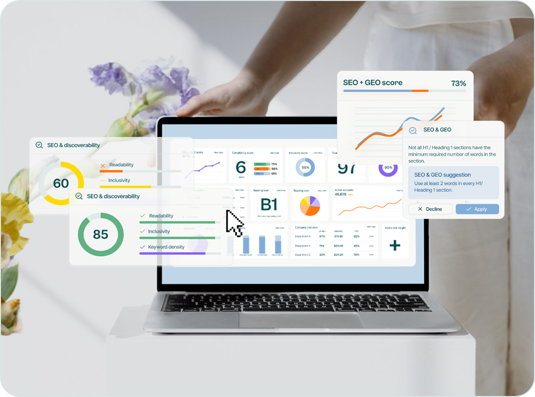 Textmetrics dashboard showing content quality, SEO and GEO insights on a laptop