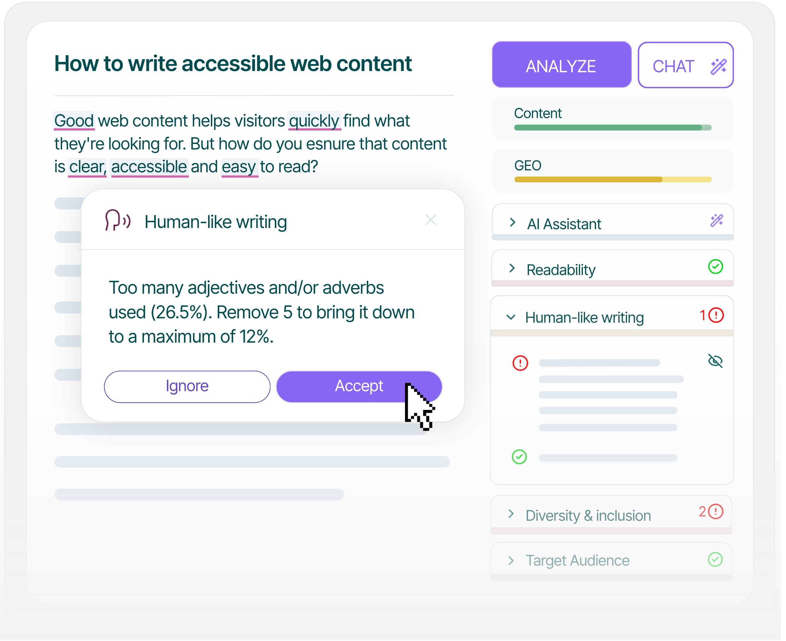 Textmetrics teksteditor met suggesties voor menselijk schrijven, leesbaarheid, diversiteit en inclusie en doelgroepgerichtheid.