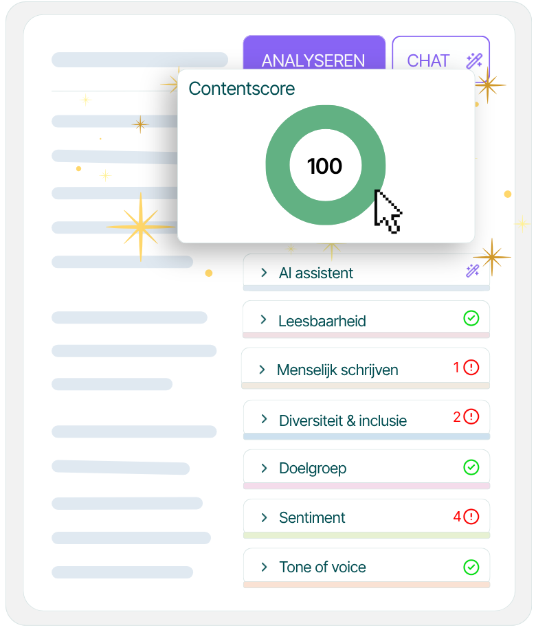 : Textmetrics schrijfassistent met een contentscore en realtime feedback op leesbaarheid, menselijk schrijven, inclusiviteit, doelgroep en tone of voice.