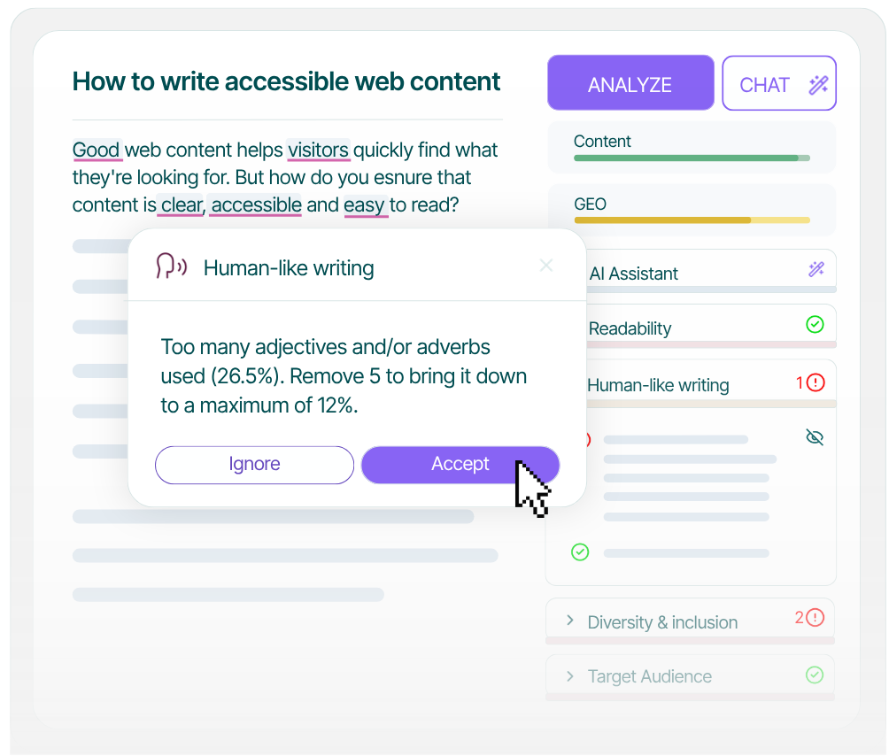 Textmetrics Create provides real time feedback on human like writing, readability, inclusion and target audience.