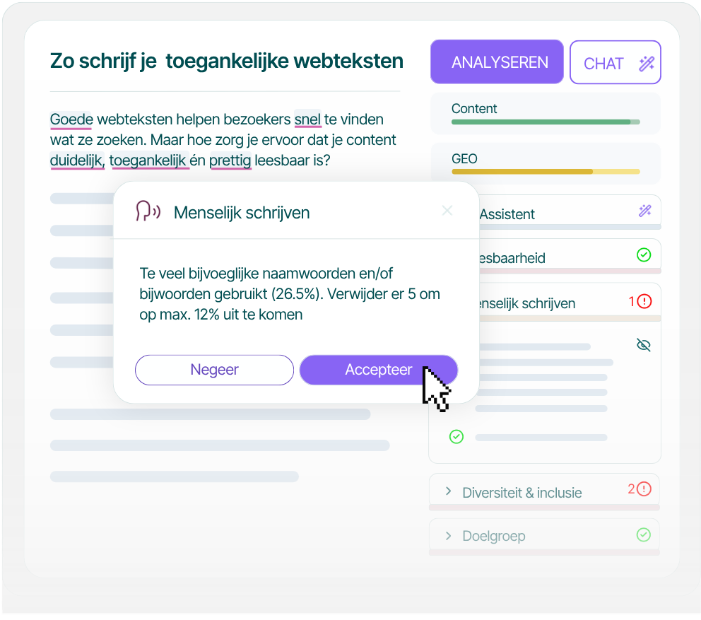 Textmetrics Create geeft tijdens het schrijven direct feedback op menselijk schrijven, leesbaarheid, inclusiviteit en doelgroepgerichtheid.