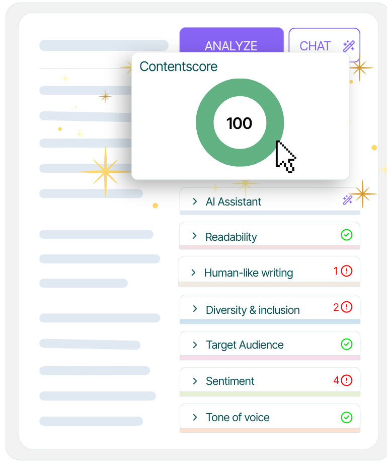 Textmetrics writing assistant showing a content score and real time feedback on readability, tone of voice, inclusion and other writing guidelines.